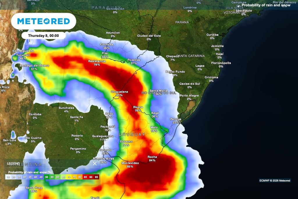 Previsão de chuva para quinta-feira (8), à meia-noite.