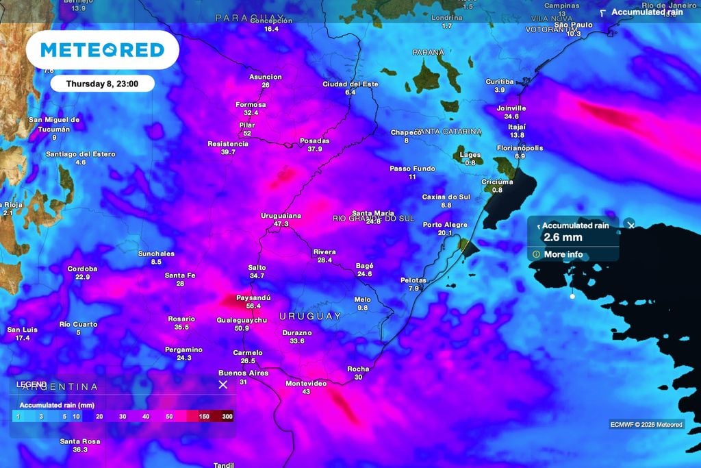 Previsão de chuva acumulada para quinta-feira (8), às 23h, com volumes mais elevados na Fronteira Oeste gaúcha e no Uruguai.