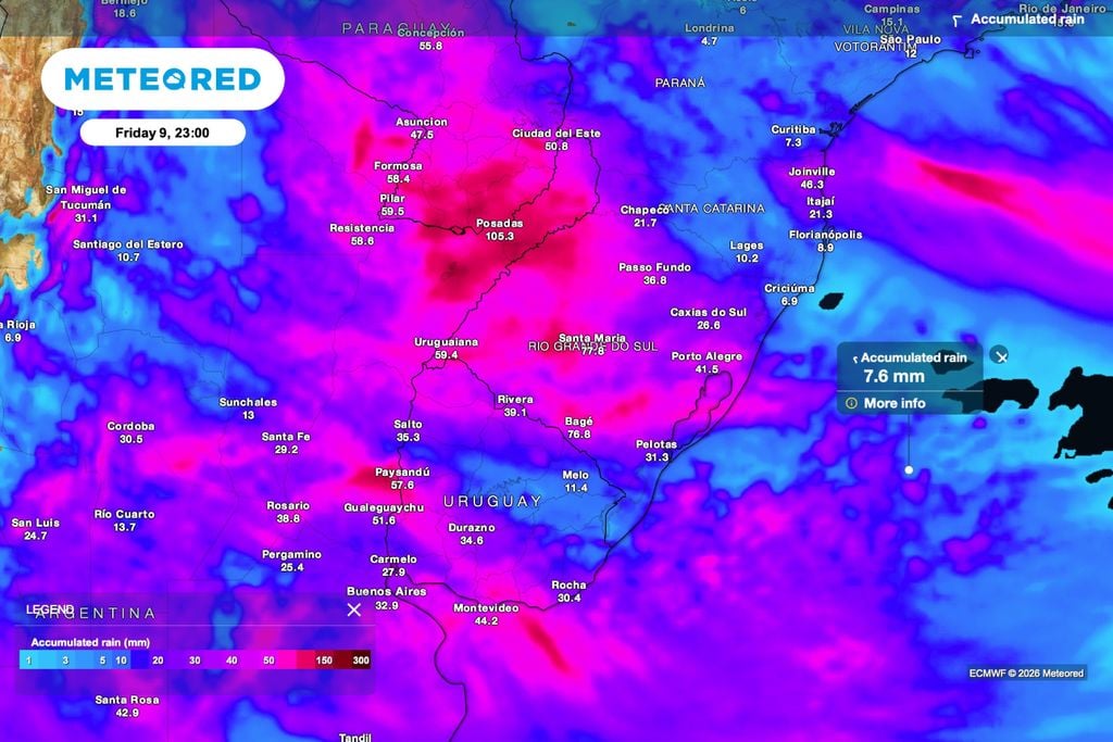 Previsão de chuva acumulada para sexta-feira (9), às 23h.