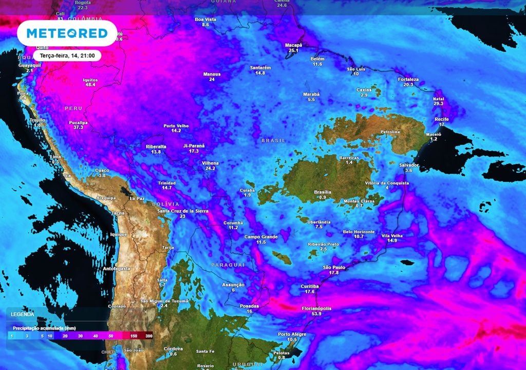 Previsão de acumulados totais até o final da terça-feira. Previsão de acumulados totais até o final da terça-feira mostra abrangência da frente fria, que causará pancadas de chuva no Sul, Sudeste, Centro-Oeste, até mesmo Norte e Nordeste.