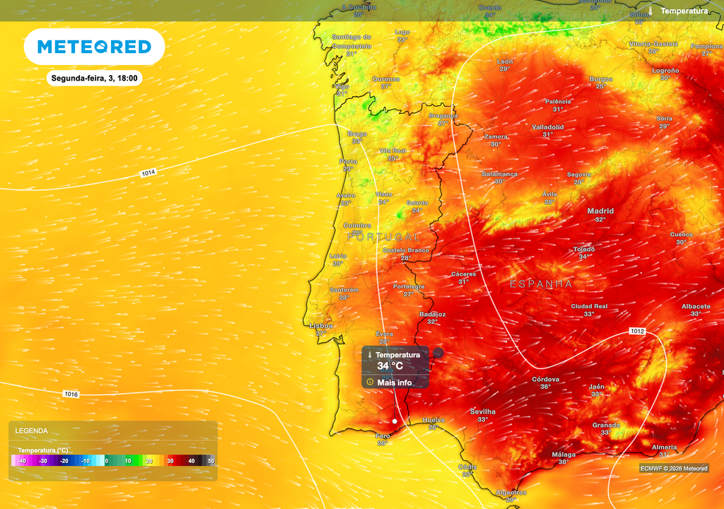As temperaturas máximas deverão variar entre 23 e 25 ºC no litoral Norte e Centro, enquanto no interior algarvio poderão alcançar 34 ºC.