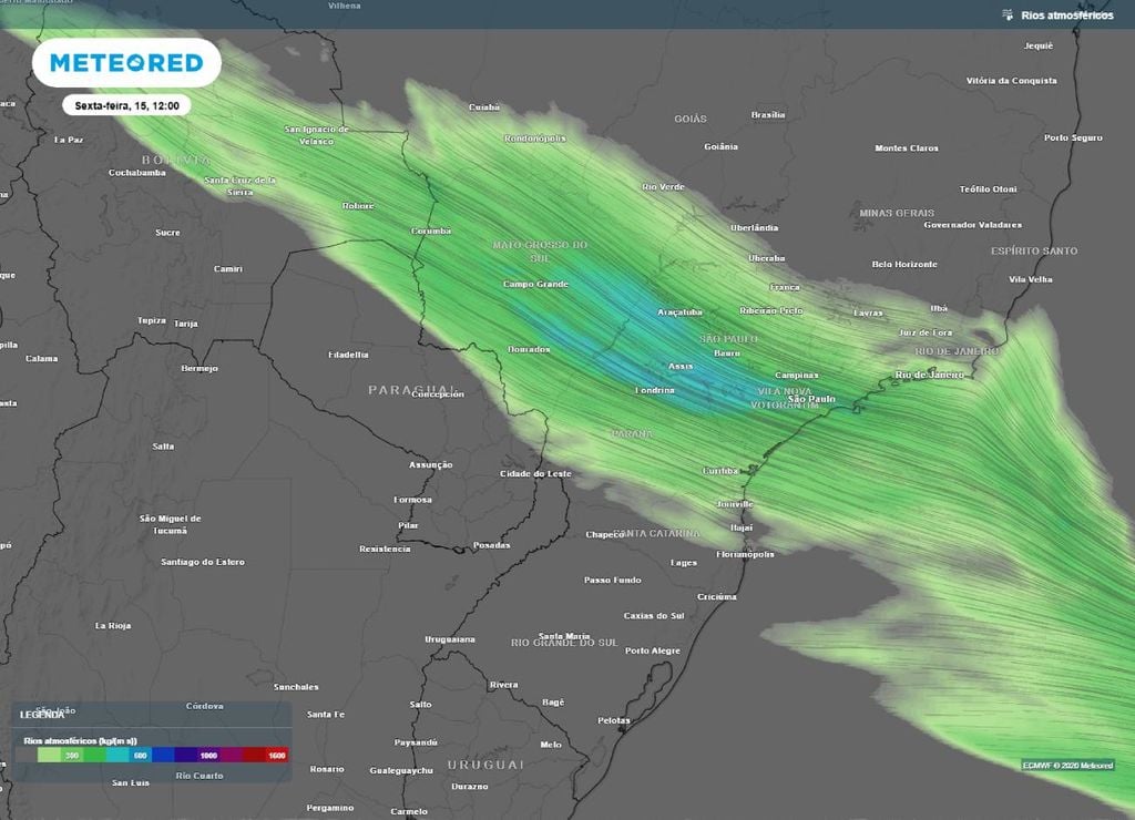 Rio atmosférico transporta a umidade de latitudes mais baixas para o Centro-Sul do Brasil, contribuindo para a formação de instabilidades nesta porção do país.