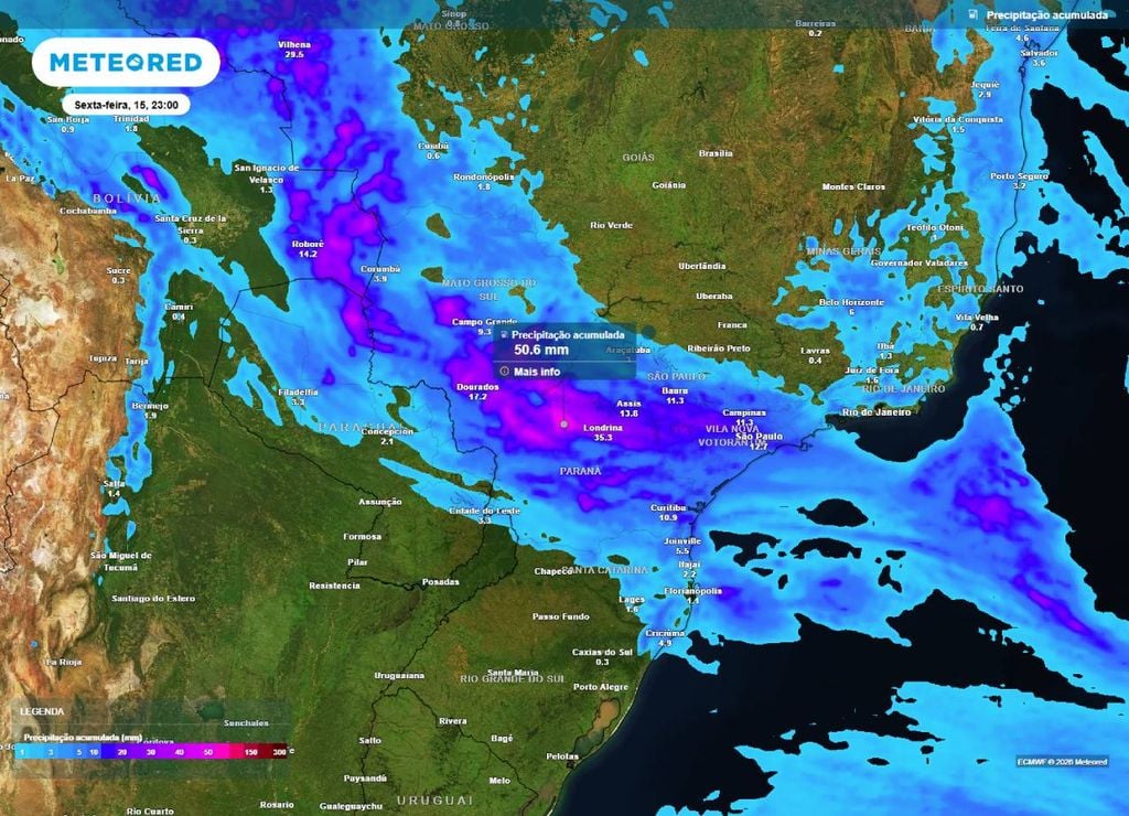 Previsão da precipitação acumulada (em mm) até a noite (23h) de sexta-feira (15), segundo o modelo europeu ECMWF.