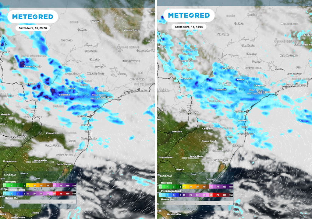 Previsão de precipitação (em mm) e nebulosidade para sexta-feira (15) de manhã (9h) à esquerda e de tarde (15h) à direita, segundo o modelo europeu ECMWF.