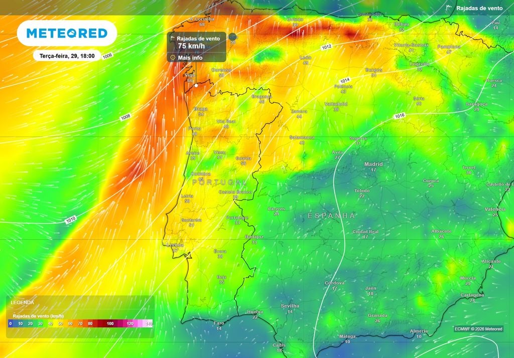 As áreas do mapa manchadas a amarelo, laranja e vermelho correspondem às zonas mais expostas às rajadas fortes de vento do quadrante sul que se farão sentir na terça-feira, 29 de setembro.