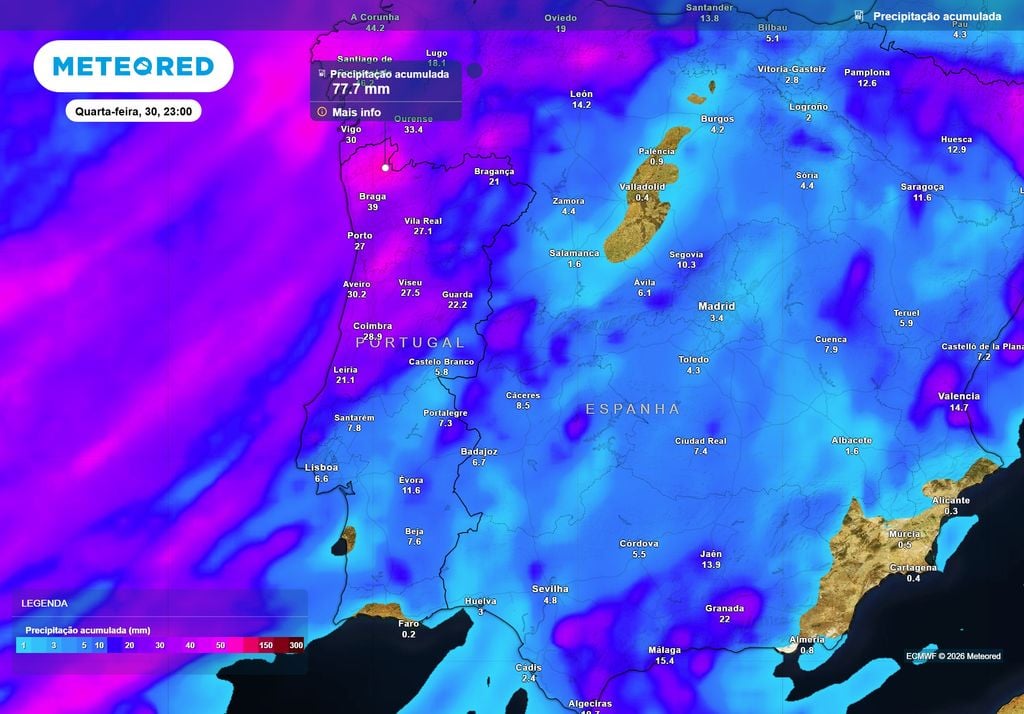 Possível distribuição da chuva até às 23:00 de quarta-feira, 30 de setembro.