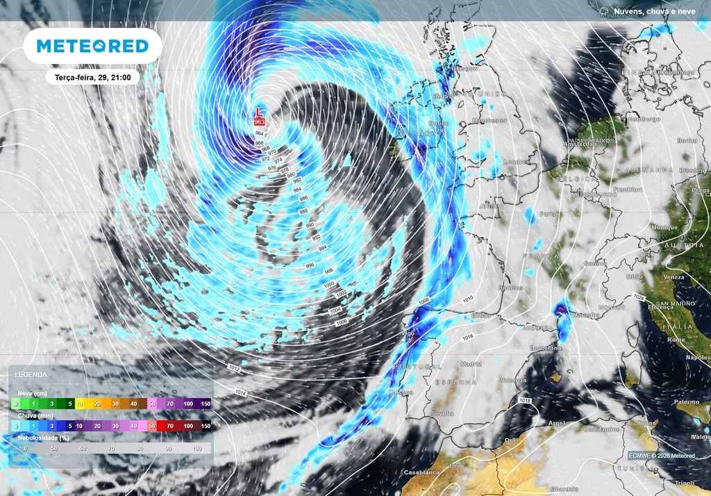 O mapa é bastante esclarecedor quanto ao cenário previsto. Na imagem observa-se uma depressão muito profunda formada a oeste da Irlanda na terça-feira, 29 de setembro, com o núcleo relativamente distante de terra firme e com pressão central mínima de 963 hPa, sendo que a frente fria associada ao sistema depressionário é que trará efeitos indiretos ao estado do tempo em Portugal continental nestes próximos dias.