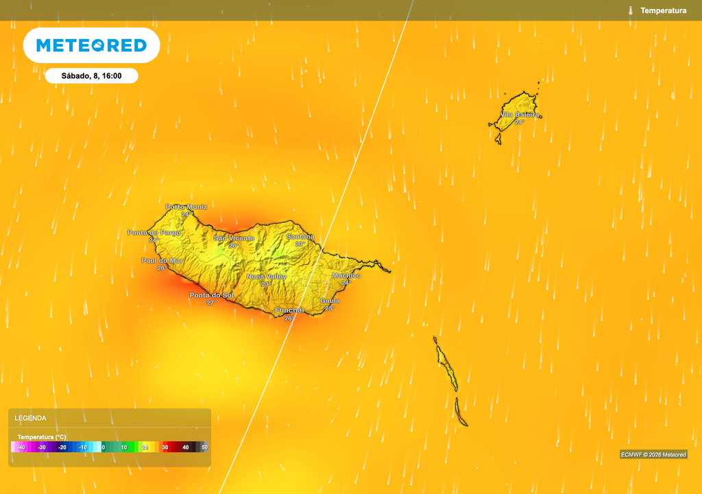 Temperatura prevista para o arquipélago da Madeira às 16:00 de sábado, 8 de agosto.