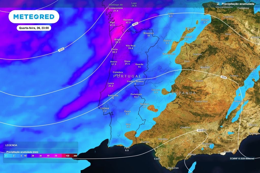 Chuva acumula mais de 40 mm no Minho até ao final de quarta-feira Precipitação acumulada prevista pelo modelo ECMWF até às 23h de quarta-feira (26). Os maiores acumulados concentram-se no Norte e em parte do Centro.