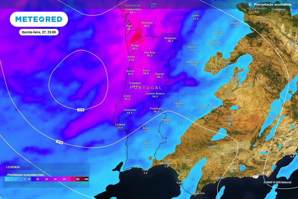 Acumulados podem chegar aos 60 mm no Noroeste Precipitação acumulada prevista pelo ECMWF até às 23h de quinta-feira (27). O Noroeste deverá concentrar as maiores quantidades de chuva deste episódio.