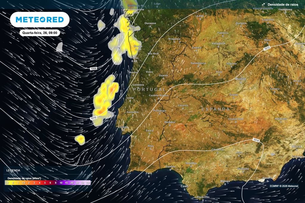 Atividade elétrica poderá surgir de forma localizada no Norte Densidade de raios prevista pelo ECMWF para as 09h de quarta-feira (26). A atividade elétrica prevista concentra-se sobretudo no litoral Norte e ao largo da costa.