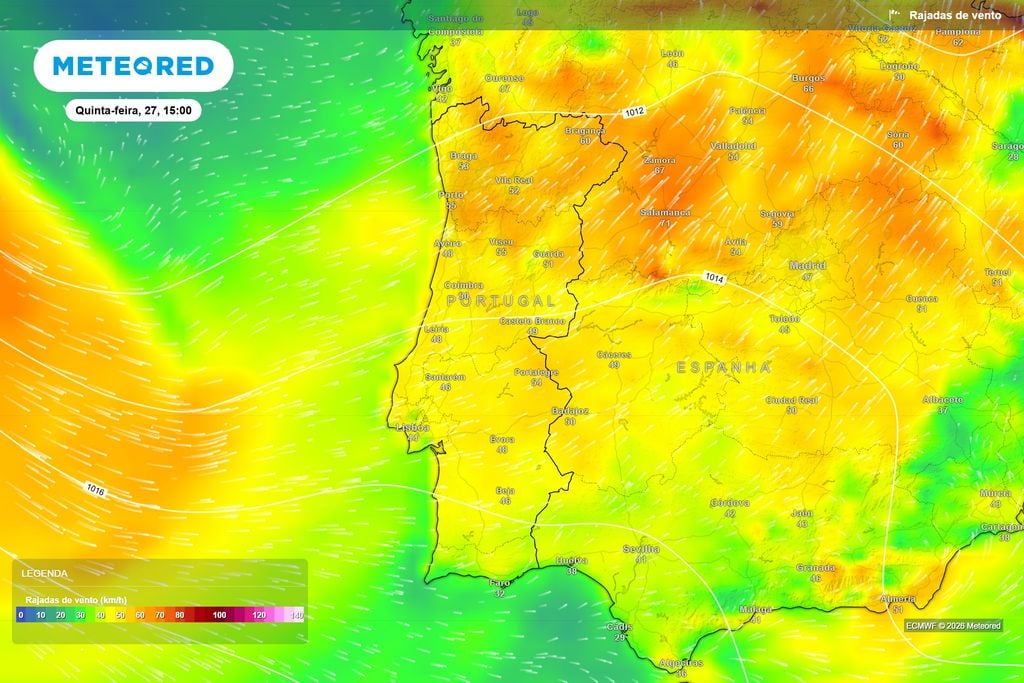 Rajadas podem superar os 50 km/h em várias regiões Rajadas de vento previstas pelo ECMWF para as 15h de quinta-feira (27). Valores próximos ou superiores a 50 km/h surgem em várias zonas do território.