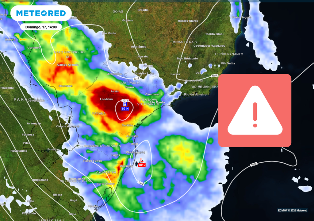 Probabilidade de chuva. Ciclone extratropical se forma neste domingo (17) e aumenta chances de chuvas intensas e tempestades sobre áreas do Sul, Sudeste e Centro-Oeste do Brasil.