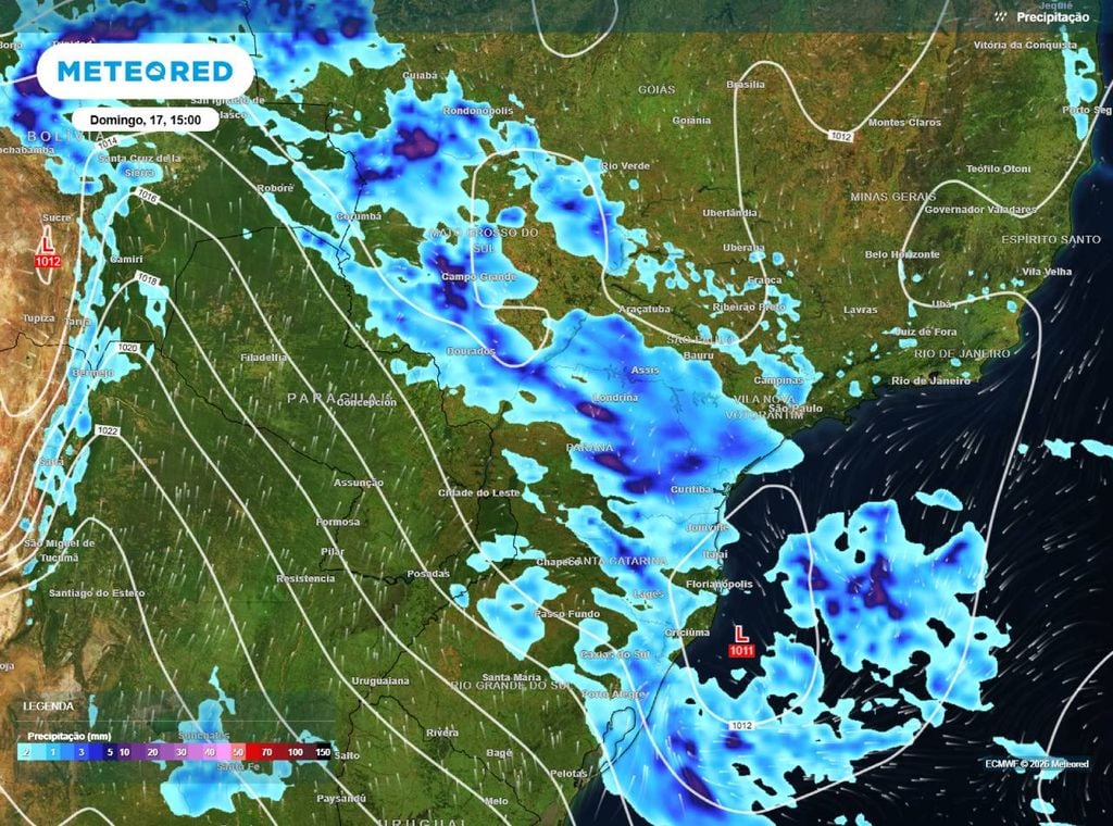 Precipitação Prevista. Mapa de chuva para a tarde de domingo (17), segundo o modelo ECMWF.