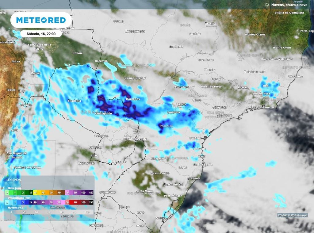 Mapa de chuva para o sábado (16). Previsão de precipitação para a noite deste sábado (16). A imagem mostra céu encoberto e áreas do MS e PR com chances de chuvas intensas.