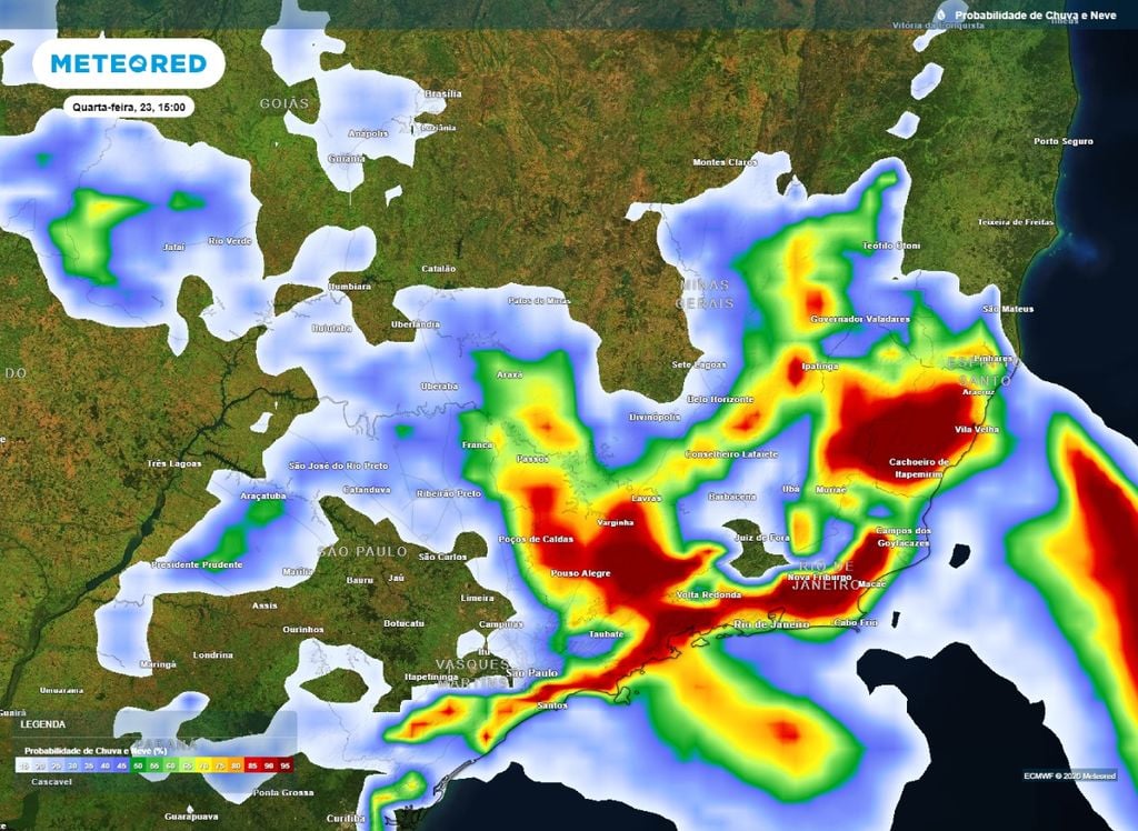 Previsão da possibilidade de chuva para a tarde desta quarta-feira (23), de acordo com o modelo ECMWF.