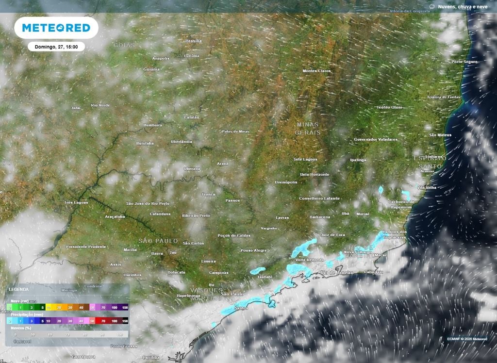 Precipitação e nebulosidade prevista para a tarde de domingo (27). O mapa mostra tempo firme em boa parte do Sudeste e chuva leve no litoral paulista e fluminense.