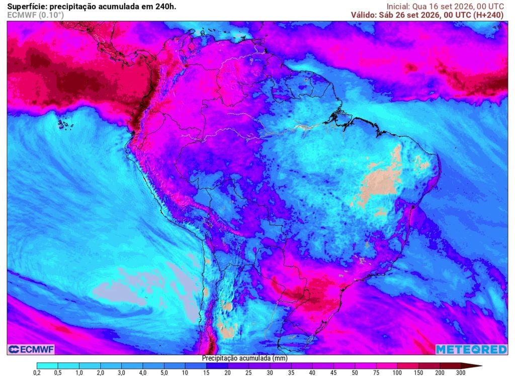 Mapa de precipitação acumulada para os próximos 10 dias, de acordo com o modelo ECMWF.