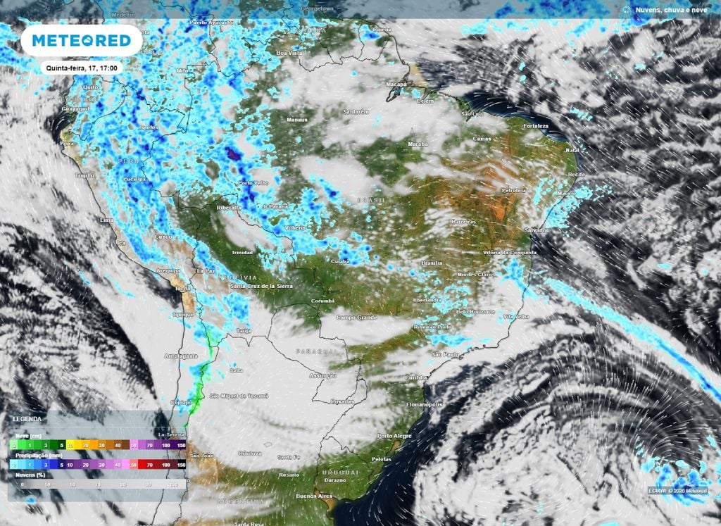Mapa de precipitação prevista para a tarde de quinta-feira (17).