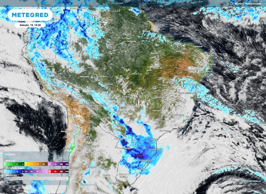 Mapa de precipitação prevista para a tarde de sábado (19). A previsão apresenta o retorno das chuvas ao MS.