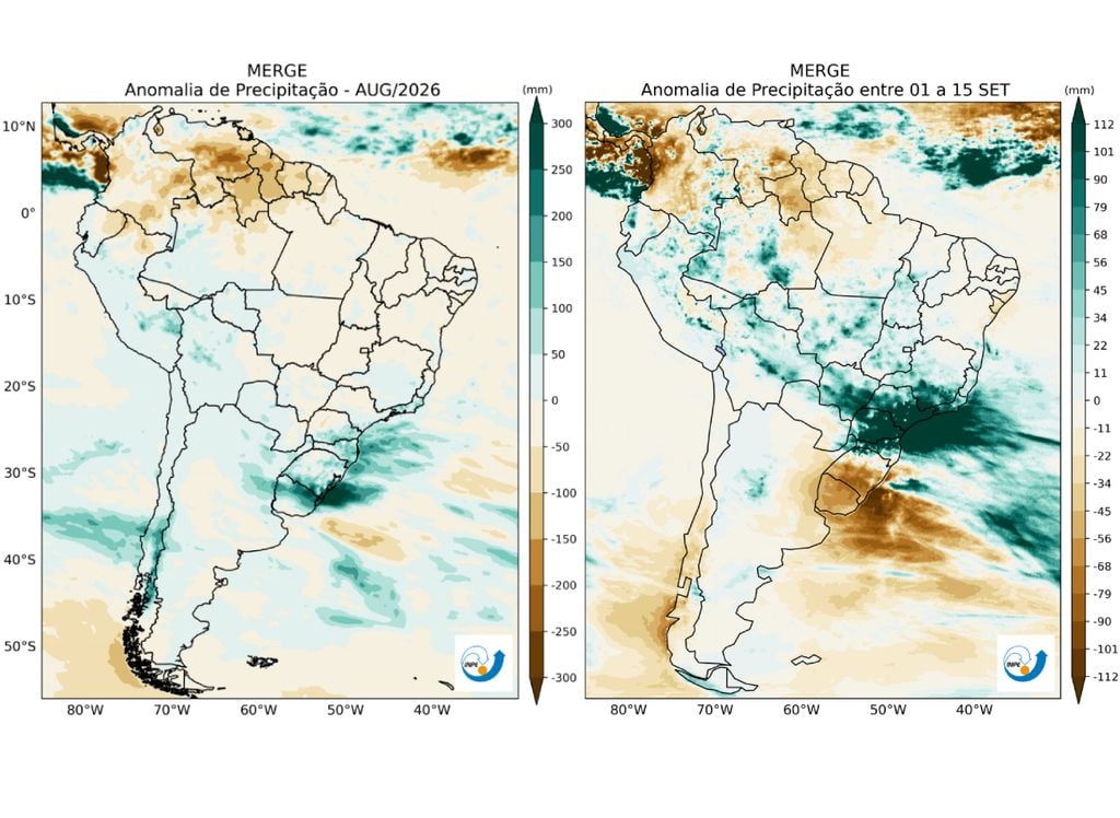 Anomalia de precipitação para o mês de agosto (esquerda) e nos primeiros quinze dias de setembro (direita) neste ano de 2026. Fonte: INPE.