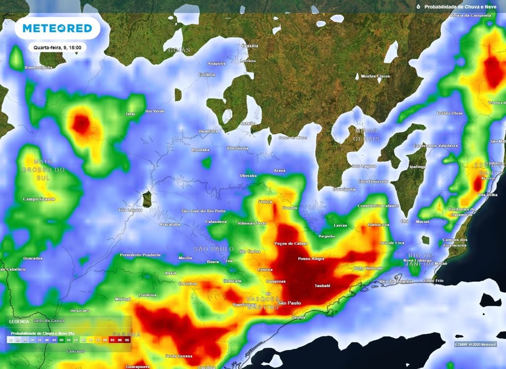 Probabilidade de precipitação. Mapa de probabilidade de precipitação sobre o Sudeste nesta quarta (9).