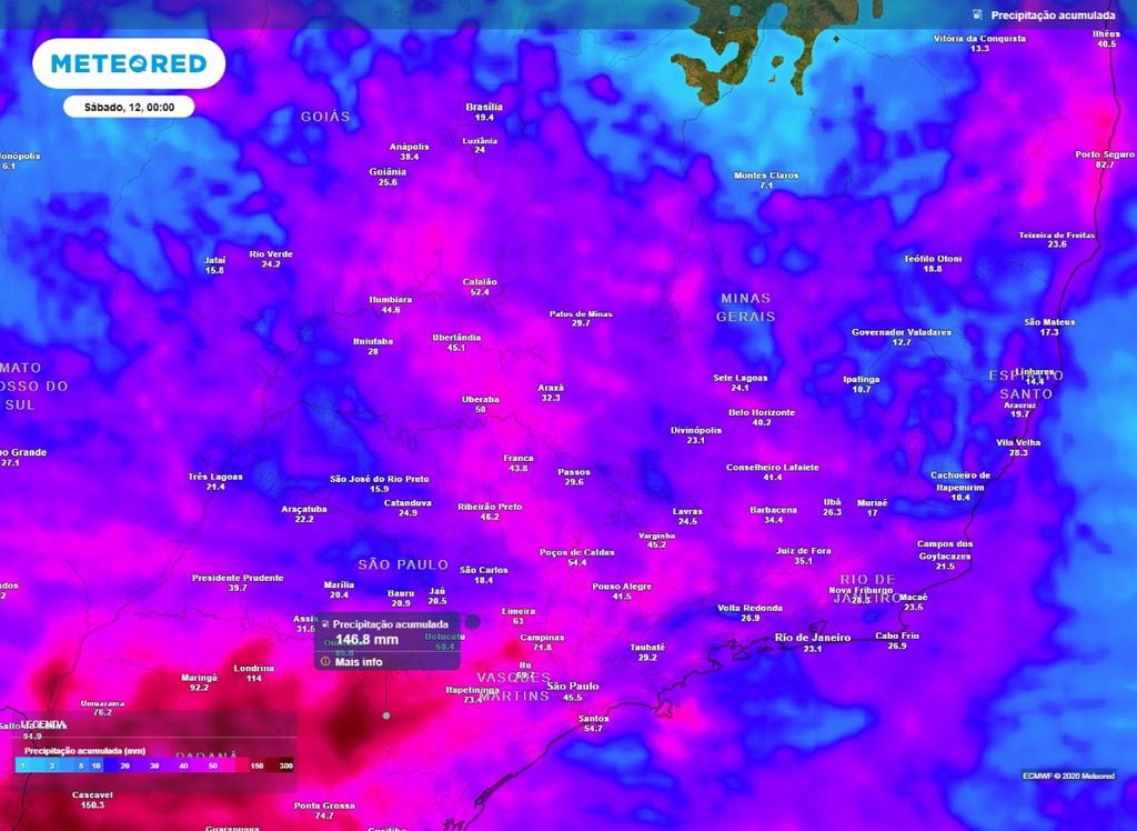 Chuva acumulada. Precipitação acumulada no Sudeste do Brasil até sexta-feira (11).