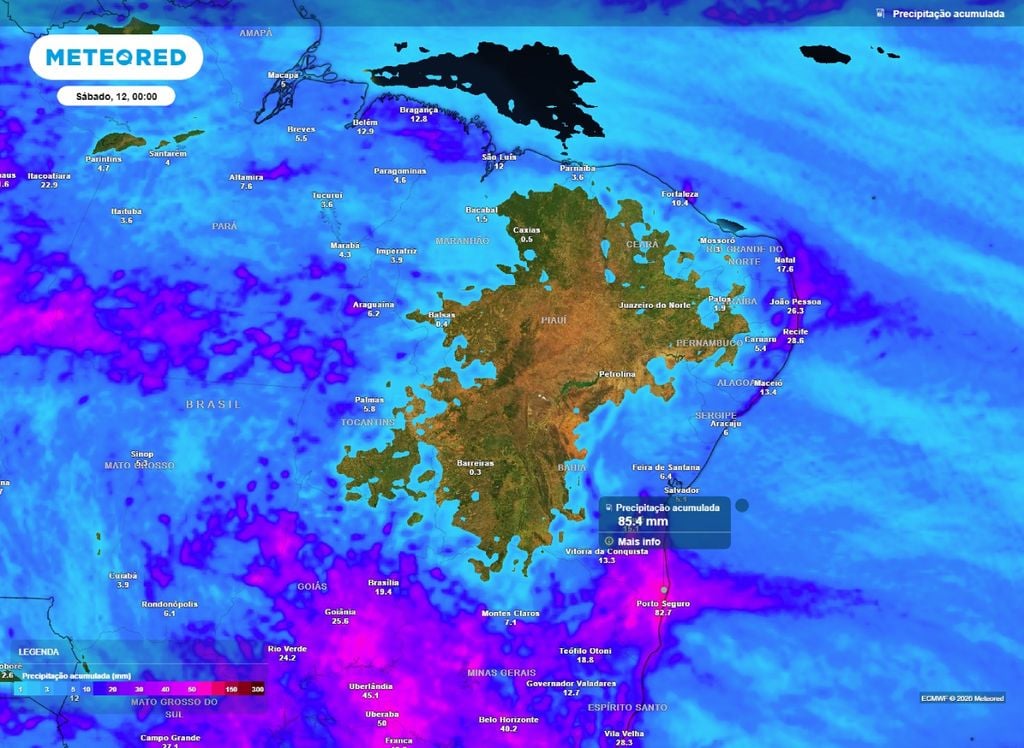 Chuva acumulada Nordeste. Chuva acumulada prevista para o Nordeste do Brasil.