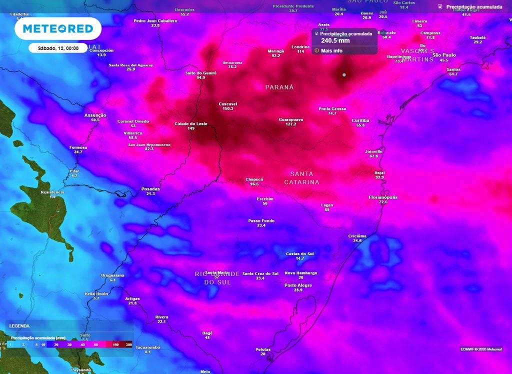 Precipitação acumulada no Sul do Brasil Mapa mostra a previsão de chuva acumulada até sexta-feira (11) para o Sul do Brasil.
