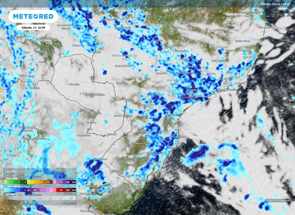 Precipitação prevista para a tarde de sábado (17), segundo o modelo ECMWF.