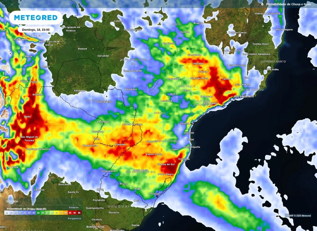 Chances de chuva para a tarde de domingo (18), segundo o modelo ECMWF.