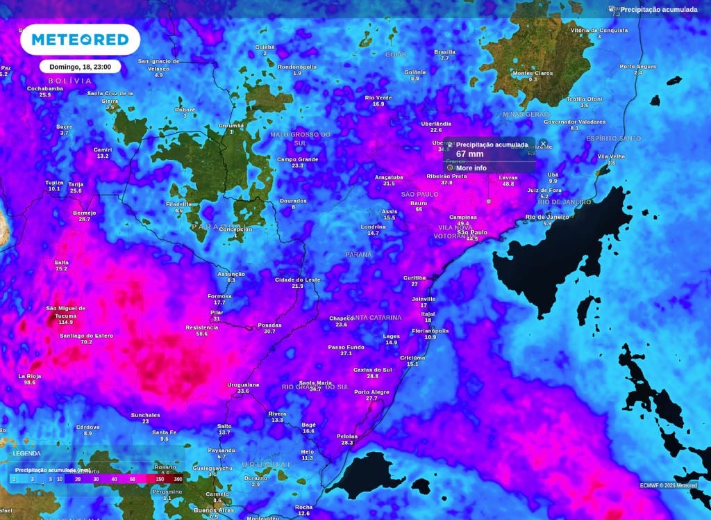 Previsão de chuva acumulada neste final de semana para o Sul e Sudeste, segundo o modelo ECMWF.