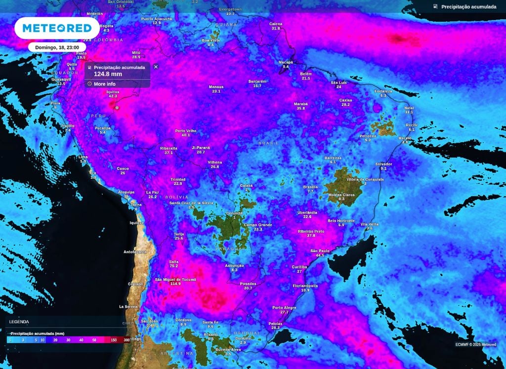 Previsão de chuva acumulada neste final de semana para o Brasil, segundo o modelo ECMWF.