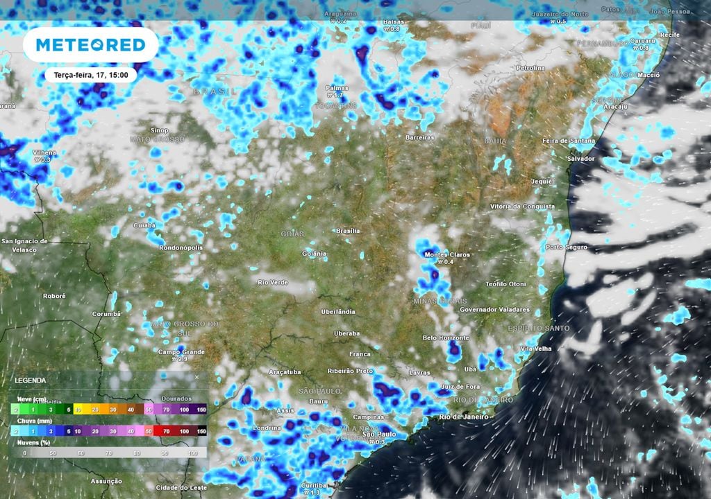 Previsão de nebulosidade e chuva na terça-feira durante a tarde mostra que uma grande parte do país continuará registrando tempo firme e ensolarado nos últimos dias do carnaval.