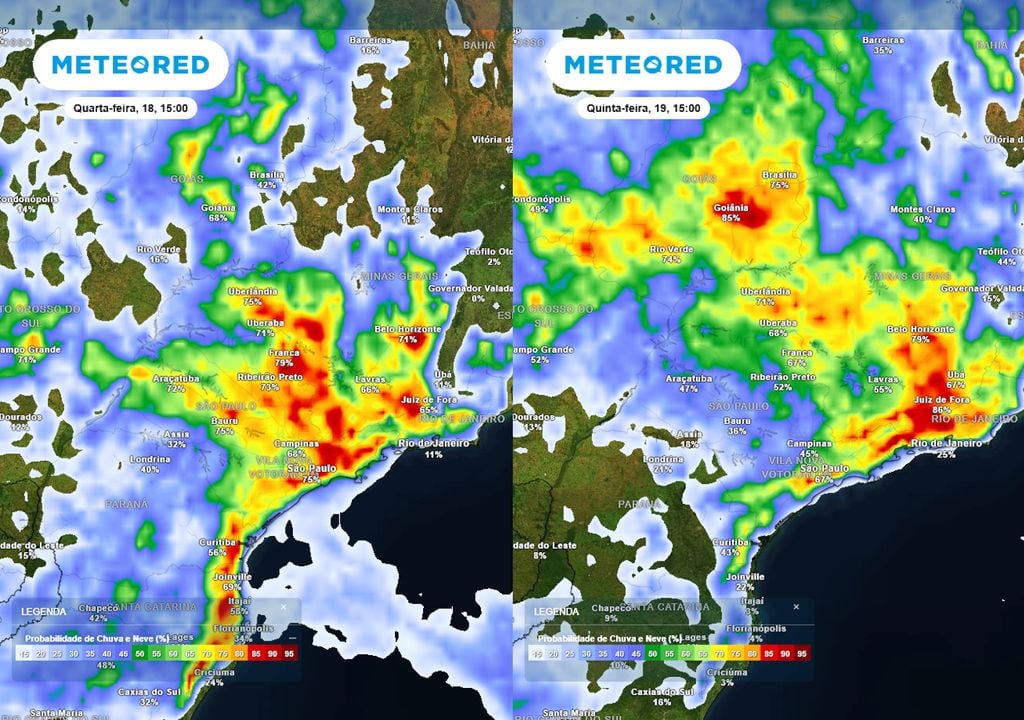 Previsão de probabilidade de chuva na quarta-feira (esquerda) e quinta-feira (direita) durante a tarde mostra que a probabilidade de chuvas aumentará muito entre o Sudeste e o Centro-Oeste.