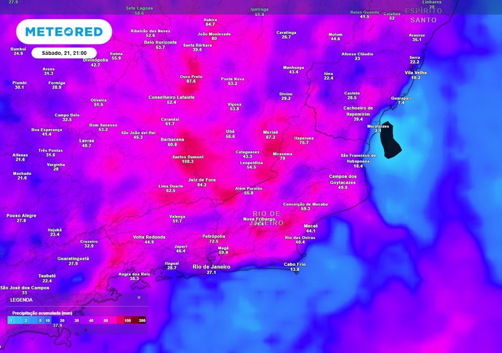 Previsão de acumulados de chuva totais até o final do Sábado. Destaque para o Rio de Janeiro e sul de Minas Gerais mostra que diversos municípios podem registrar 100 mm (cores vermelhas).