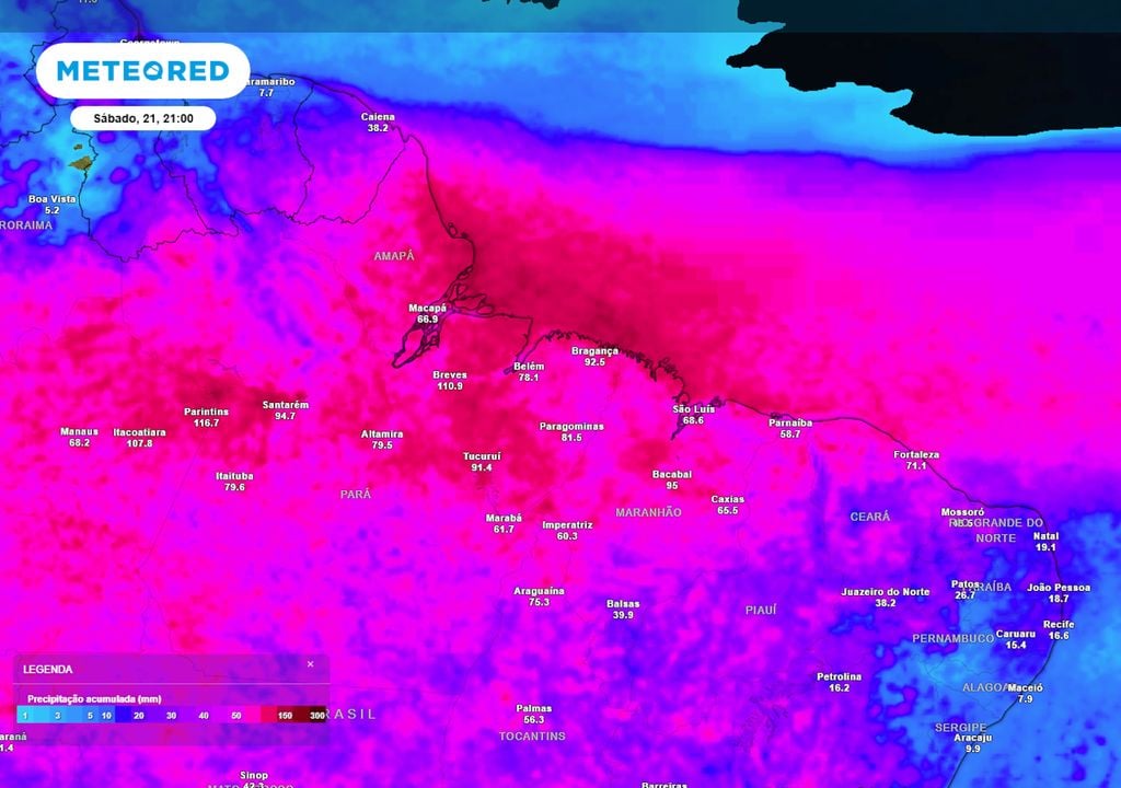 Previsão de acumulados de chuva totais até o final do Sábado destaque para as regiões Norte e Nordeste mostram que diversos municípios podem registrar 150 mm (cores vermelhas).