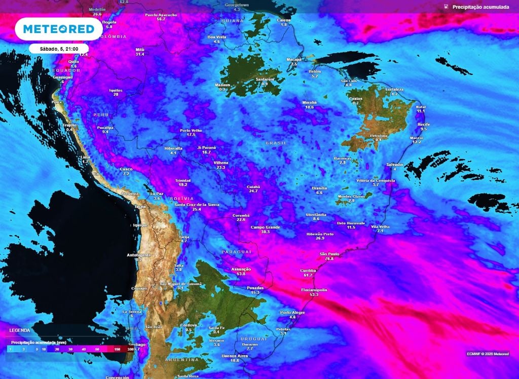 Precipitação acumulada. Precipitação acumulada prevsita até o final de sábado (5).