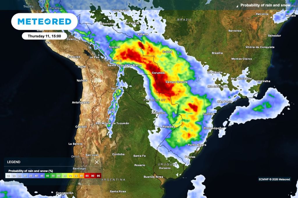 chuva, instabilidade, Mato Grosso Mapa de probabilidade de chuva indica a formação de uma faixa de instabilidade entre o Centro-Oeste e o Sul do Brasil, com destaque para Mato Grosso do Sul, onde o risco de chuva aumenta ao longo da semana.
