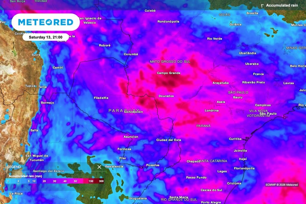 SP, Mato Grosso, RS, chuva Mapa de chuva acumulada destaca os maiores volumes sobre Mato Grosso do Sul, com núcleos próximos de Campo Grande e Dourados, além de chuva expressiva avançando para o Paraná, São Paulo e áreas vizinhas.