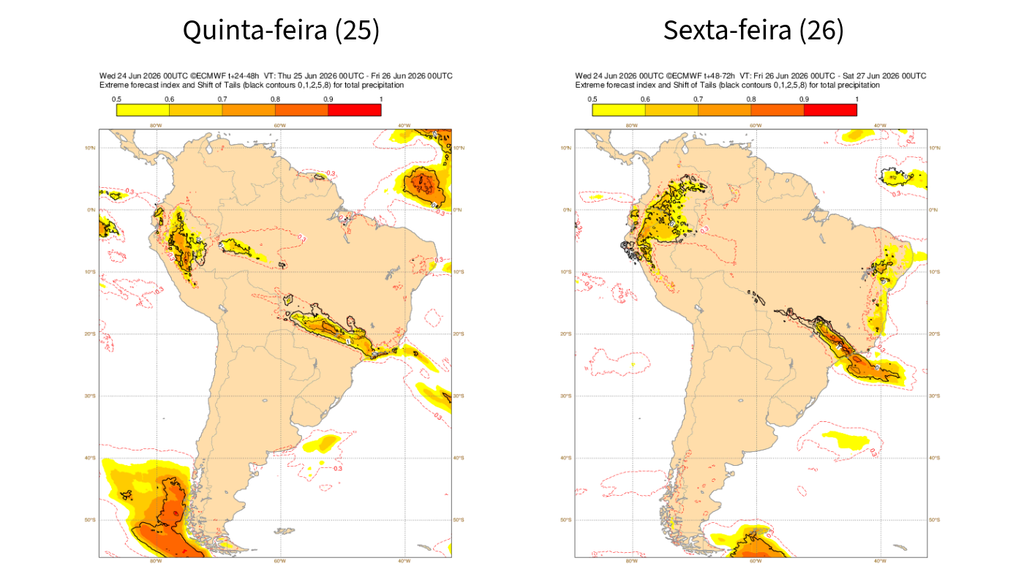 EFI do ECMWF para a precipitação de quinta-feira (25) e sexta-feira (26). Créditos: Adaptado de ECMWF. EFI do ECMWF para a precipitação de quinta-feira (25) e sexta-feira (26). Créditos: Adaptado de ECMWF.