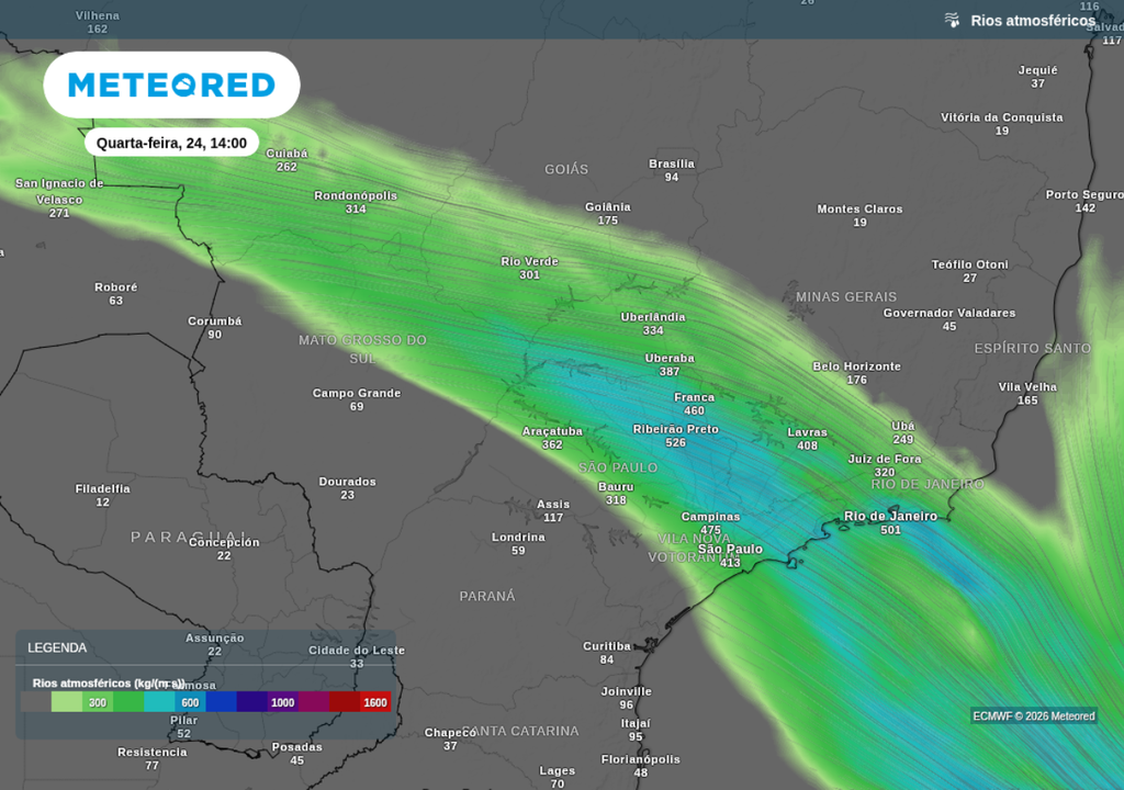 Previsão de rio atmosférico nesta quinta-feira (25), segundo o ECMWF. Previsão de rio atmosférico nesta quinta-feira (25), segundo o ECMWF.