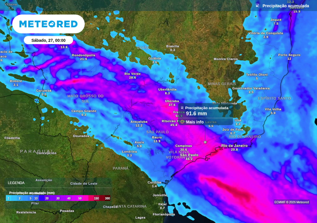 Previsão de chuva acumulada até o final de sexta-feira (26), segundo o ECMWF. Previsão de chuva acumulada até o final de sexta-feira (26), segundo o ECMWF.