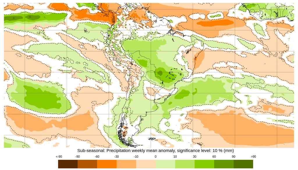 Previsão de anomalia de precipitação entre 8 e 15 de junho, segundo o ECMWF. Créditos: ECMWF.