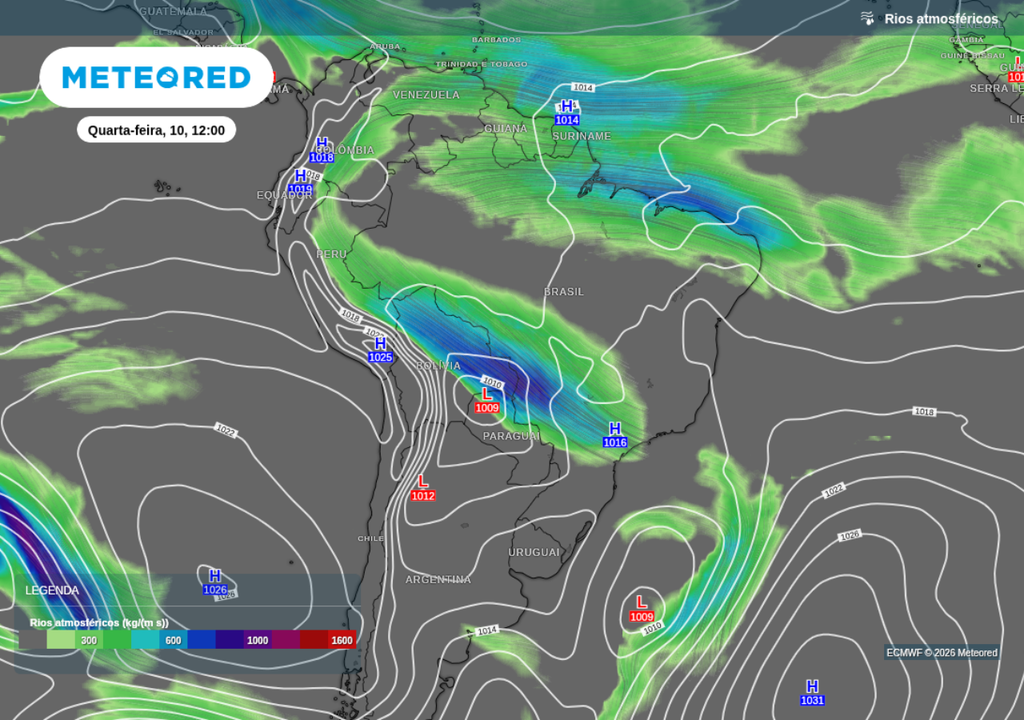 Previsão de ciclone (letra L no campo de pressão) e rio atmosférico (escala de cores) para quarta-feira (10), segundo o ECMWF.