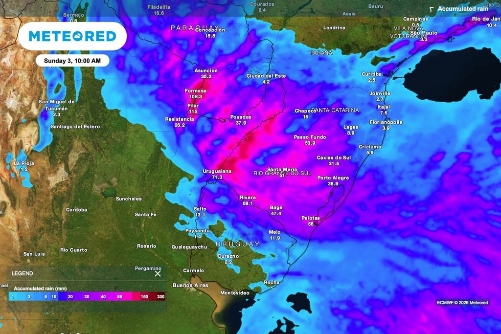 A chuva acumulada prevista até domingo mostra volumes elevados sobre o Rio Grande do Sul, justamente onde a colheita ainda precisa avançar.