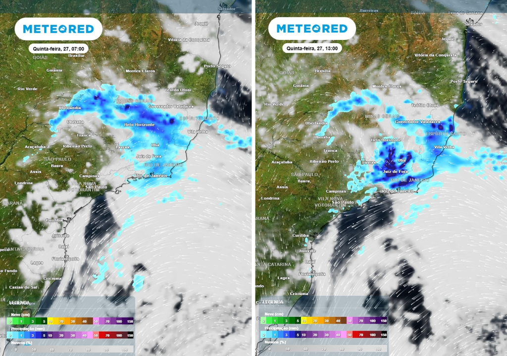 Previsão de precipitação (em mm) e nebulosidade para quinta-feira (27) às 7h à esquerda e às 13h à direita, segundo o modelo europeu ECMWF.