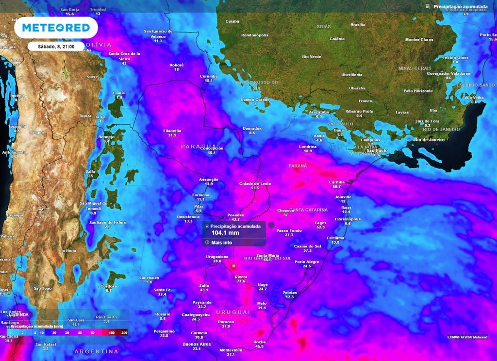 Precipitação Acumulada. Mapa de precipitação acumulada para esta semana. Modelo ECMWF indica volumes acima dos 100 mm em áreas pontuais.