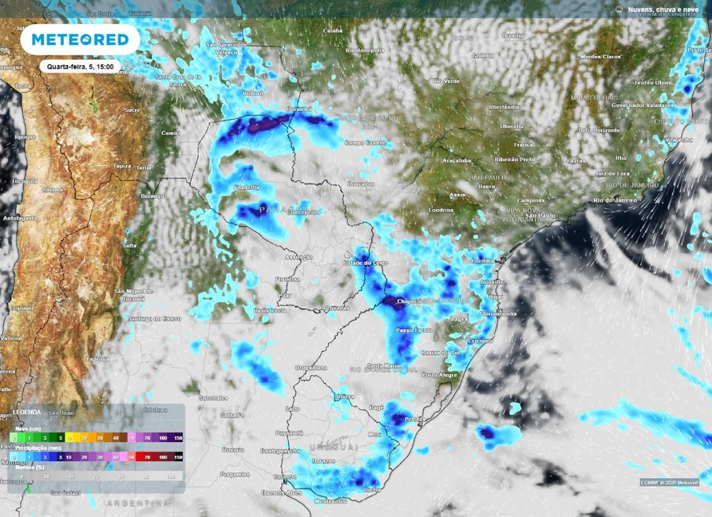 Precipitação e nebulosidade. Previsão de chuva e da presença de nuvens sobre o Centro-Sul do Brasil.