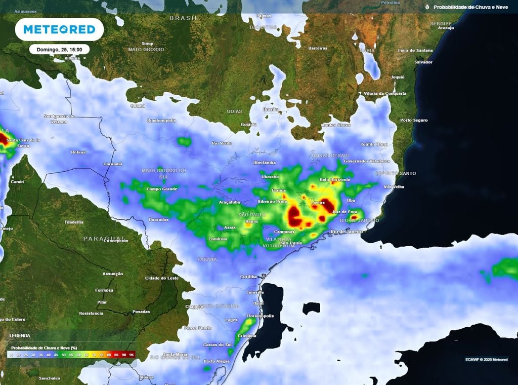 Previsão da probabilidade (%) de precipitação para o domingo (25) às 15h, segundo o modelo europeu ECMWF.